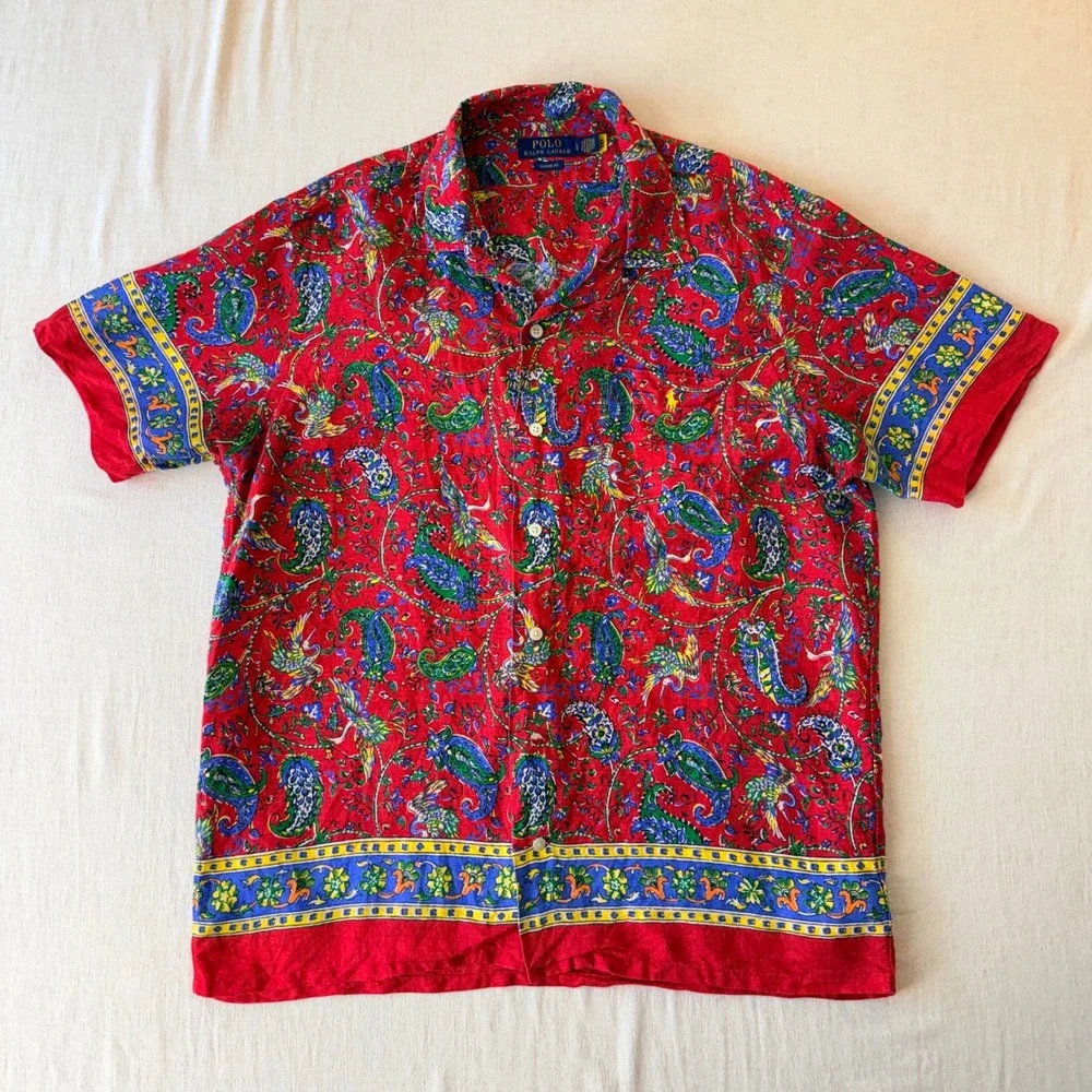Polo Ralph Lauren Paisley Crane Linen Button Down Shirt Mens Large Red